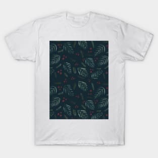 Christmas tree branches and berries - teal T-Shirt